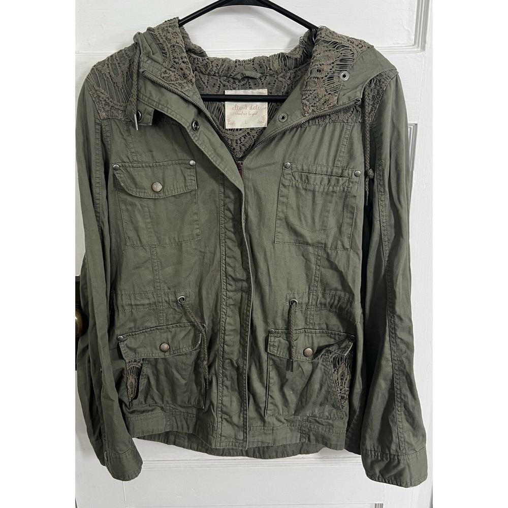 Women's Altar'd State Jacket Army Green Zip Pockets Lace Hood Drawstring Large